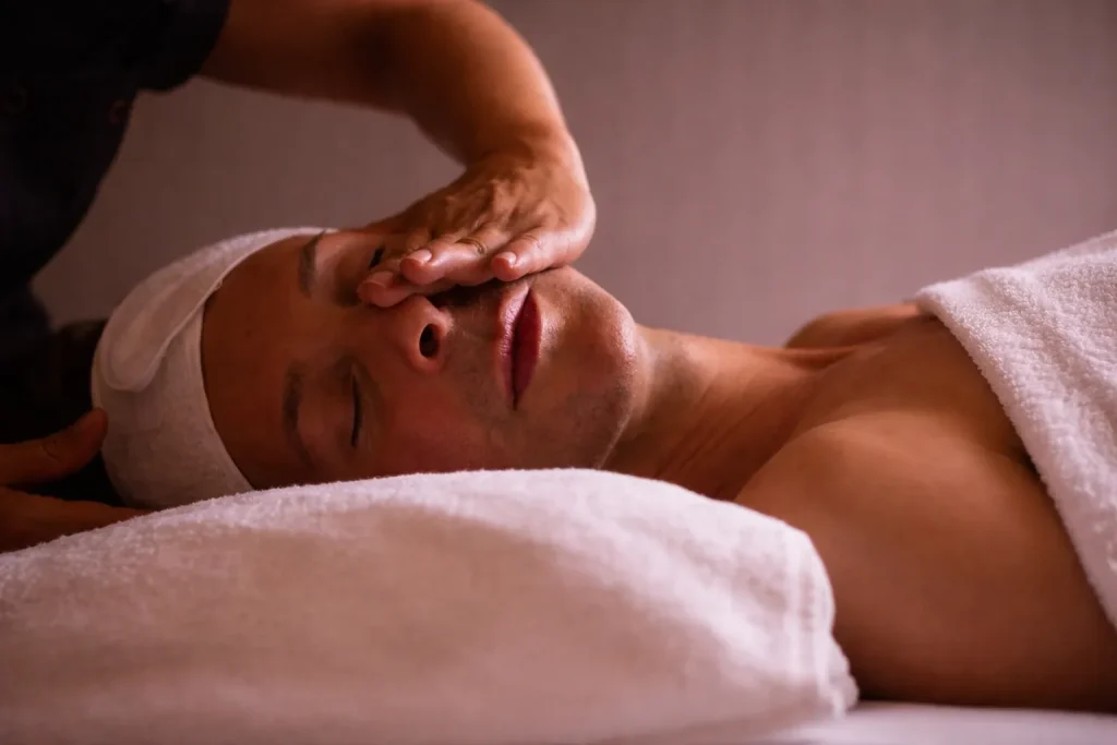 Terapeuta aplicando presión con la mano sobre la frente de un hombre durante un masaje facial en Organic Spa